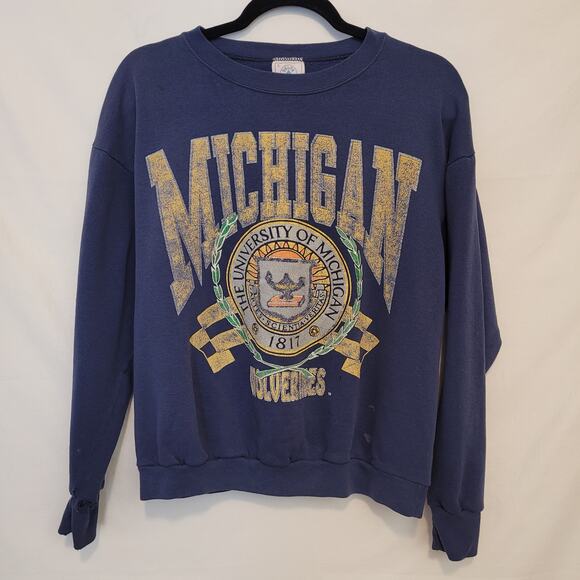 Vintage Michigan University Sweatshirt Blue 50/50 Delta Made in USA Well Worn L - Picture 1 of 10